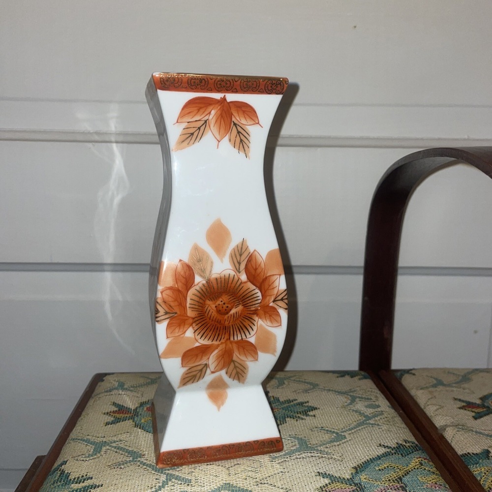 Vase Square Base Gold Trim Orange Flowers Fine China‎ National Silver Japan